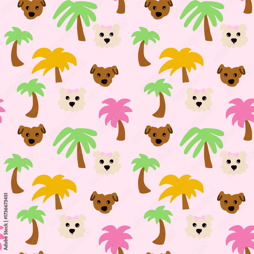 Fototapeta premium Tropical Dog Pattern with Palm Trees – Cute Summer Seamless Design