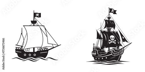 Monochrome Pirate Ships with Jolly Roger Flags on Waves Illustration
