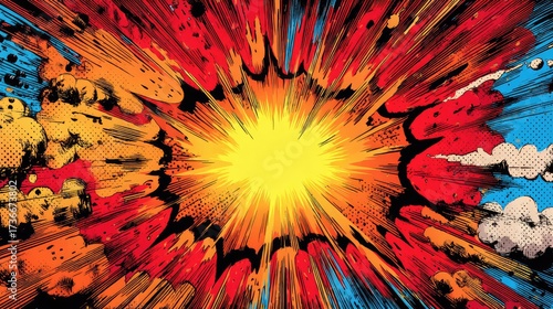 Abstract comic style explosion with bright yellow blast, dynamic red and orange speed lines, smoke clouds and halftone dots, retro pop art background for action, energy and motion concept