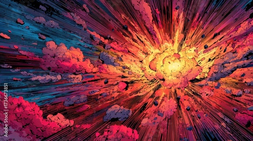 Abstract comic style fiery explosion with bright yellow and orange blast, dramatic red smoke clouds and dynamic speed lines, retro pop art design for action, energy and destruction concept