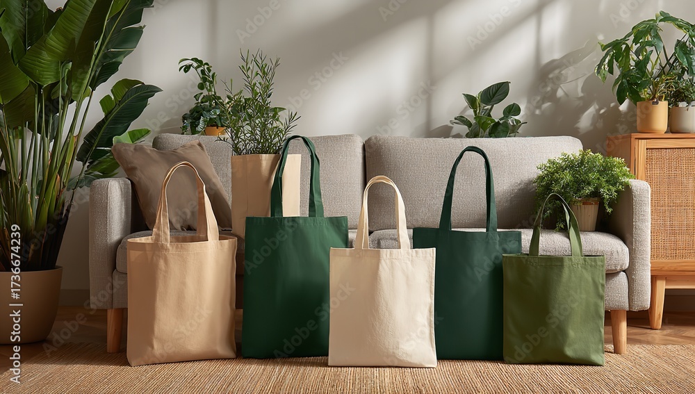 Stylish eco friendly canvas tote bags in neutral colors, perfect for sustainable shopping and branding mockups in a bright, airy, and inviting living room setting