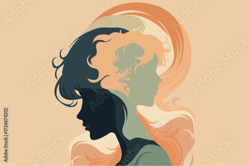 Abstract double exposure female portrait illustration with flowing hair and duality concept