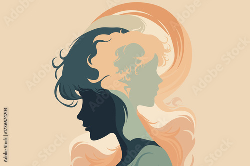 Abstract double exposure female portrait illustration with flowing hair and duality concept