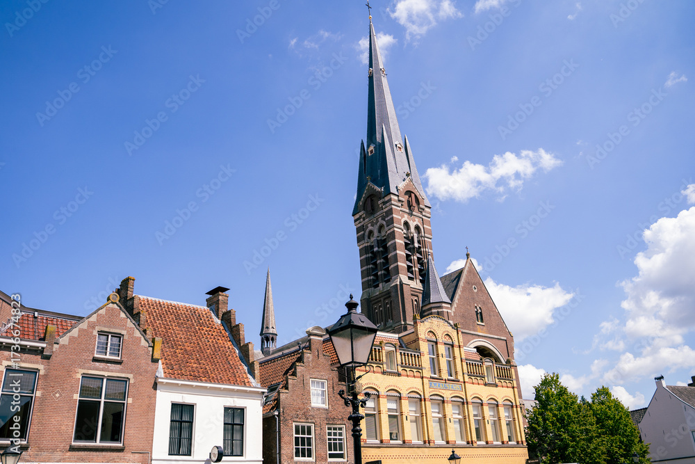 Obraz premium Beautiful Church Tower in town square of Culemborg