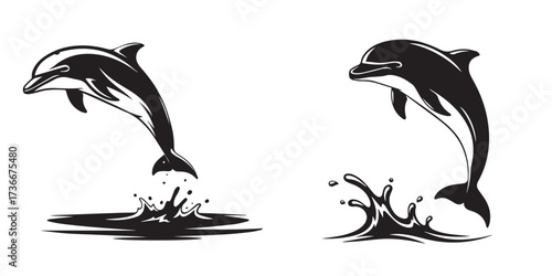 Stylized Jumping Dolphins with Water Splashes in Black and White