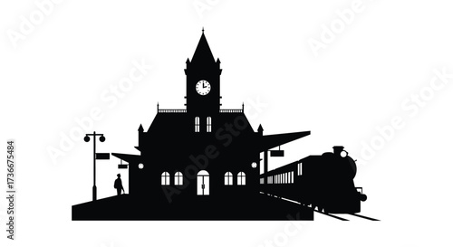 Vintage train station silhouette with clock tower and locomotive ready for departure
