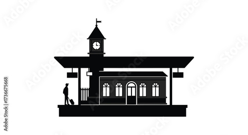 Classic train station silhouette with clock tower and lone traveler ready for journey
