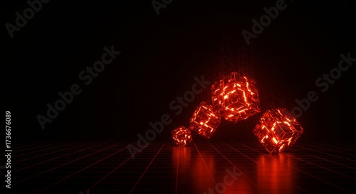 Glowing red cubes on a dark grid surface.