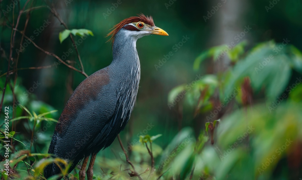 Naklejka premium Elegant bird perched amidst lush foliage in natural habitat.