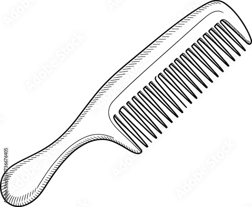 Vintage hand drawn comb illustration with handle, retro hair tool sketch, black and white grooming accessory, isolated vector art design