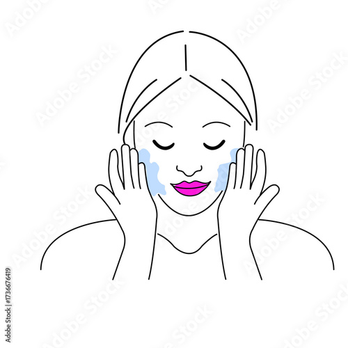 Woman applying facial cleanser in a bright bathroom, practicing skincare routine in the early morning for healthy skin