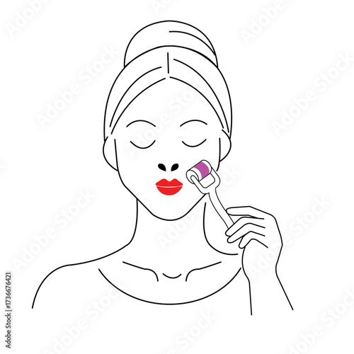 Woman uses a facial roller for skincare in a relaxing indoor setting during self-care routine