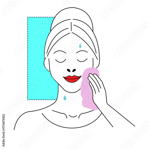 Woman cleaning her face with a sponge in a bright and simple setting, focusing on her skincare routine and self-care practice