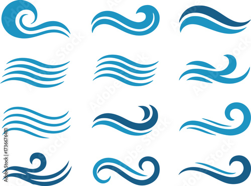 stylized wave icon set twelve variations ocean sea water surf logo symbols for branding and design