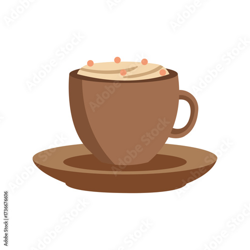 Warm cup of coffee with cream served on a brown plate in cozy café setting for a relaxing afternoon experience