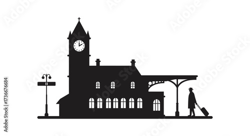 Silhouette of historic train station with clock tower and traveler with suitcase