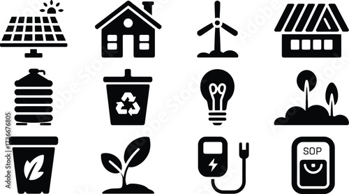 Collection of black eco friendly energy and sustainability icons on white background