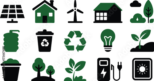 Collection of green energy and eco friendly icons for sustainability and environmental protection concepts