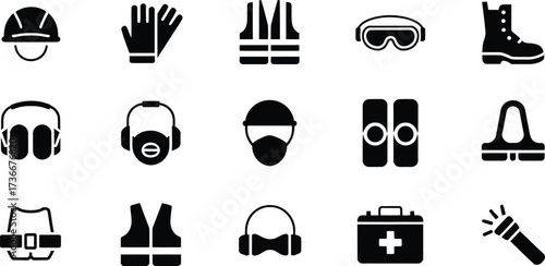 Collection of black silhouette icons representing personal protective equipment for safety and construction work