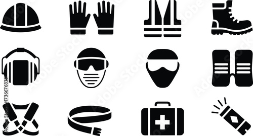 Collection of safety and protection equipment icons for construction and industrial work