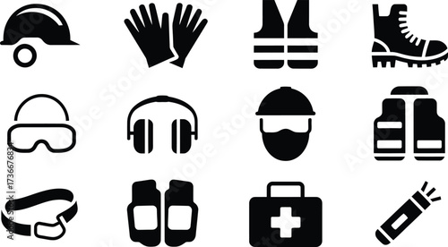 Collection of black and white icons representing personal protective equipment for construction and industrial safety