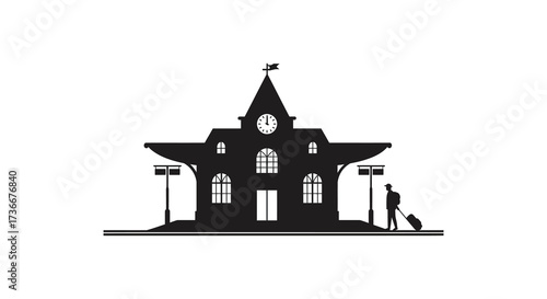 Silhouette of historic train station with traveler and luggage evokes nostalgia