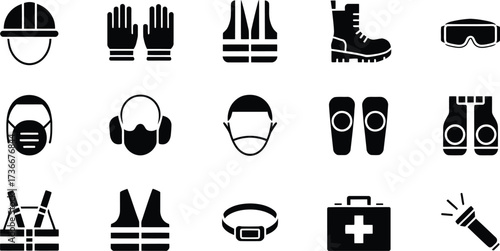 Collection of black and white icons representing various safety equipment and personal protective gear for construction and industrial work
