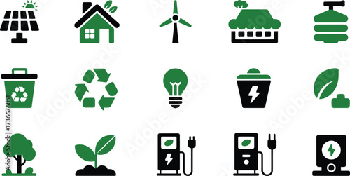 Collection of green eco friendly energy and environment icons for sustainability and renewable resources