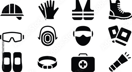 Collection of black and white safety equipment icons for construction and industrial work environments