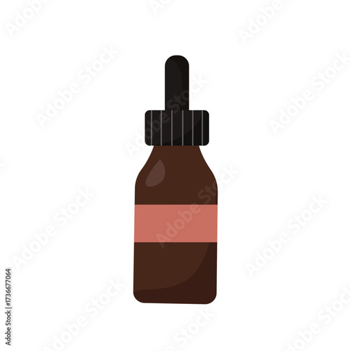Brown glass dropper bottle with black lid and pink label used for storing liquid substances in a laboratory or health setting