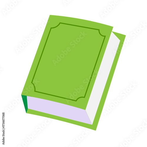 Bright green book resting on its side with empty pages and classic decorative outline, inviting readers to fill its content with stories
