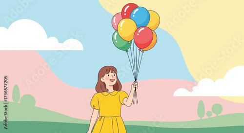Happy girl holding balloons enjoys the scenery and the good weather in outdoors