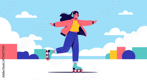 Happy girl roller skating with open arms on a sunny day in a cartoon illustration