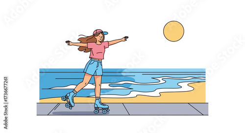 Happy girl rollerblading enjoying summer day on the beach, vector illustration
