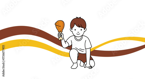 Happy Kid Holding Fried Chicken Leg With Creative Background, Ready To Enjoy Meal