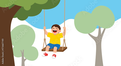 Happy kid swinging on a rope swing in a colorful illustrated tree scene