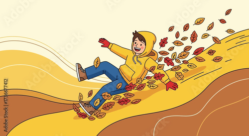 Happy kid sliding down a hill of leaves, enjoying autumn season, cartoon illustration