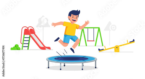 Happy kid jumping on a trampoline in a playground with different games