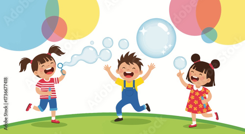 Happy kids playing, blowing and chasing bubbles together in a colorful cartoon illustration
