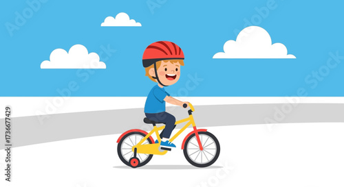 Happy little boy riding a bicycle wearing a helmet on a sunny day