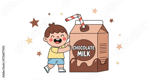 Happy Little Child Hugging Large Carton of Delicious Chocolate Milk with Stars