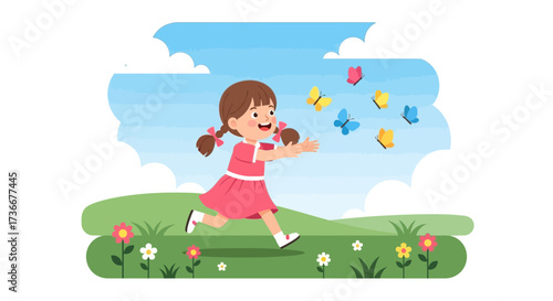 Happy little girl running and catching butterflies in a sunny green field