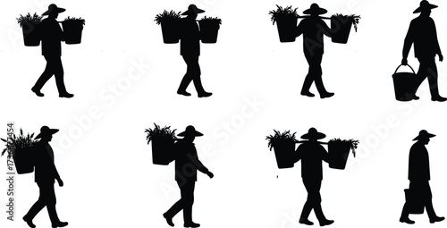 Farmer silhouette, agricultural worker, basket carrying, traditional farming, harvest labor, rural lifestyle, crop gathering, village worker, produce transport, farming culture
