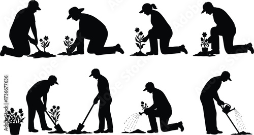 Gardening silhouette, planting flowers, watering plants, soil preparation, garden care, horticulture activity, outdoor work, eco lifestyle, sustainable gardening, nature care, flower planting,