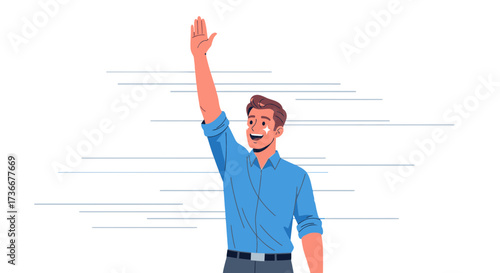 Happy man waving his hand in an animated illustration on a white background