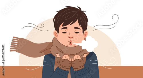Illustration of a person blowing into their hands to keep them warm on a cold day