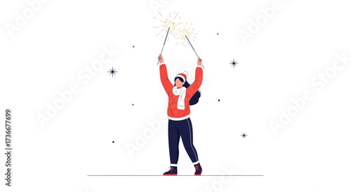 Illustration of a person celebrating with sparklers during a winter or holiday season
