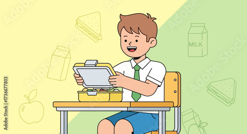 Happy Student Opening Lunchbox At School, Cartoon Illustration, Ready For Nourishment, A Meal