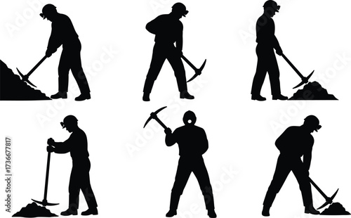 Mining silhouettes, coal miners, pickaxe workers, underground labor, helmet headlamp, industrial work, manual digging, mining tools, resource extraction,  