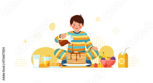 Illustration of a cheerful boy enjoying breakfast with pancakes and healthy fruits and juice